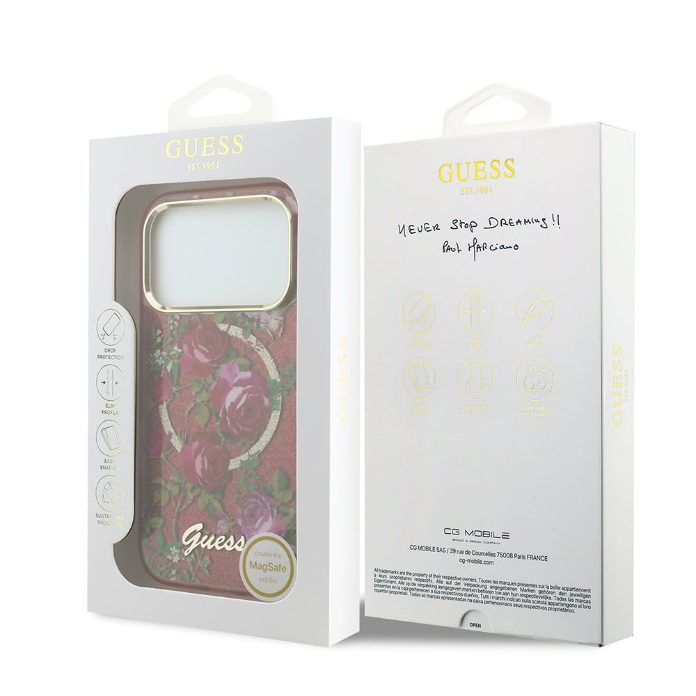 iPhone 18 Pro Max Kılıf Guess Orijinal Lisanslı M-safe Şarj Özellikli Gül Desenli Simli Yazı Logolu Kılıf