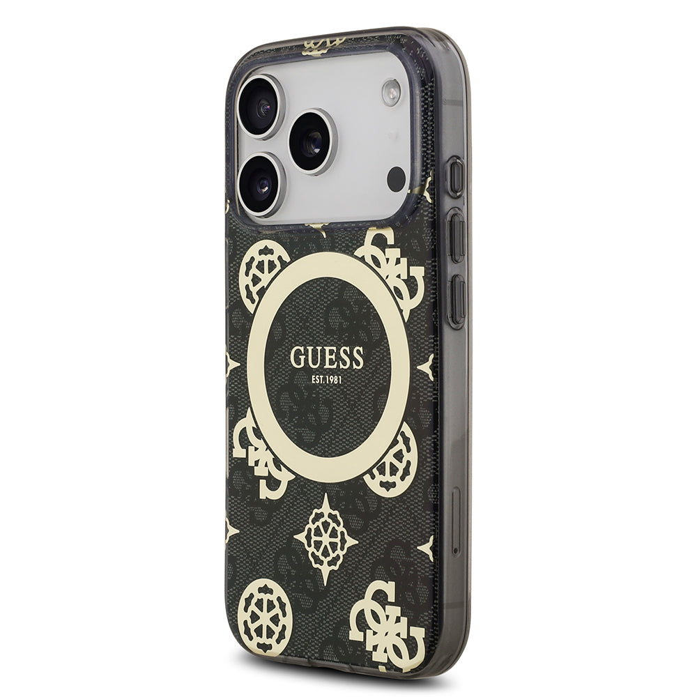 iPhone 18 Pro Max Kılıf Guess Orijinal Lisanslı M-safe Şarj Özellikli IML Peony ve 4G Desenli Klasik Logolu Kılıf