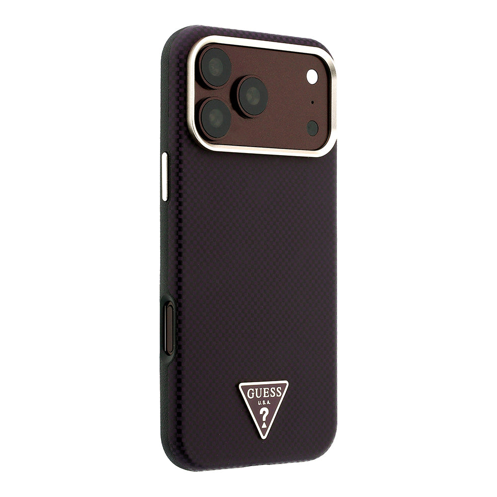 iPhone 18 Pro Max Kılıf Guess Orijinal Lisanslı M-safe Şarj Özellikli PU Metal Üçgen Logolu Karbon Fiber Kevlar Kılıf
