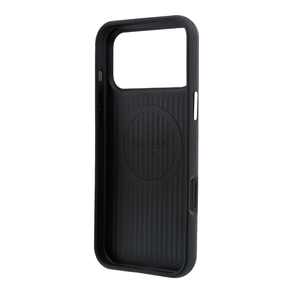 iPhone 18 Pro Max Kılıf Guess Orijinal Lisanslı M-safe Şarj Özellikli PU Metal Üçgen Logolu Karbon Fiber Kevlar Kılıf