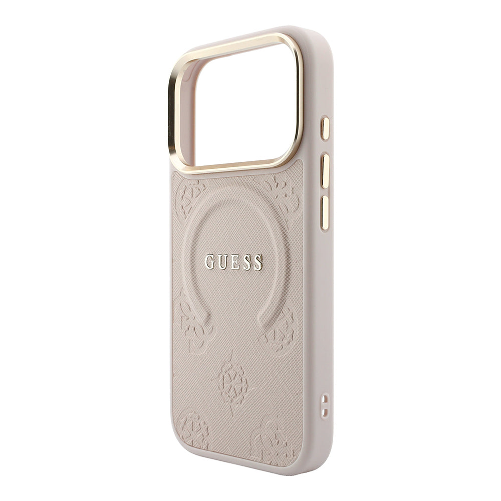 iPhone 18 Pro Max Kılıf Guess Orijinal Lisanslı M-safe Şarj Özellikli Sıcak Baskılı Yazı Logolu C-Magnet PU Deri Peony Kılıf