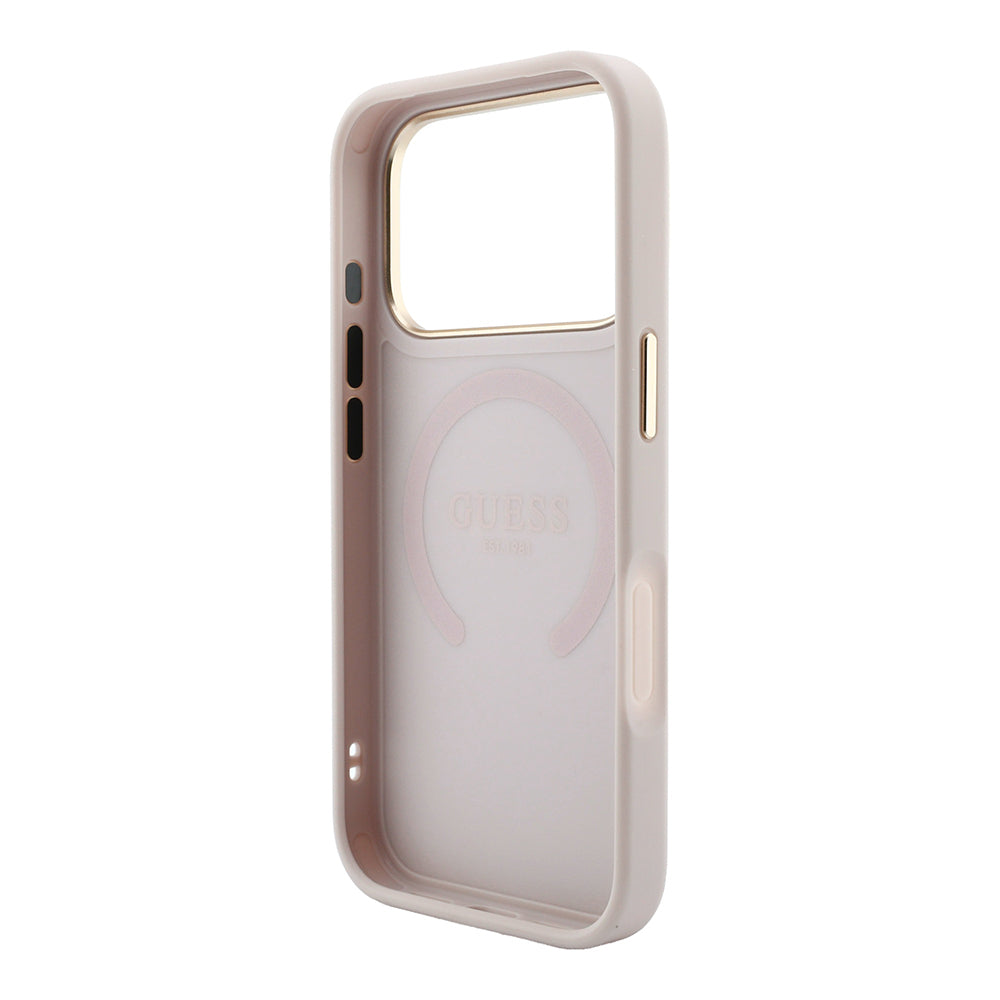 iPhone 18 Pro Max Kılıf Guess Orijinal Lisanslı M-safe Şarj Özellikli Sıcak Baskılı Yazı Logolu C-Magnet PU Deri Peony Kılıf