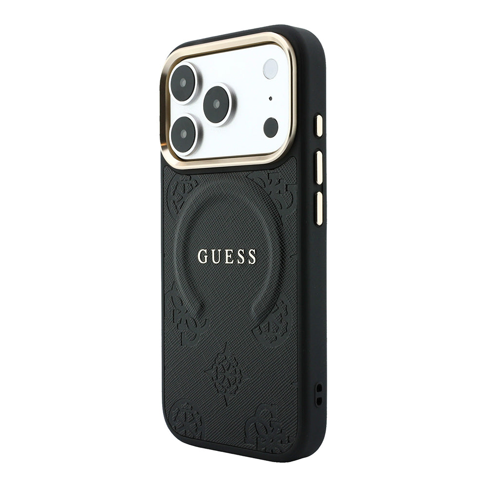 iPhone 18 Pro Max Kılıf Guess Orijinal Lisanslı M-safe Şarj Özellikli Sıcak Baskılı Yazı Logolu C-Magnet PU Deri Peony Kılıf
