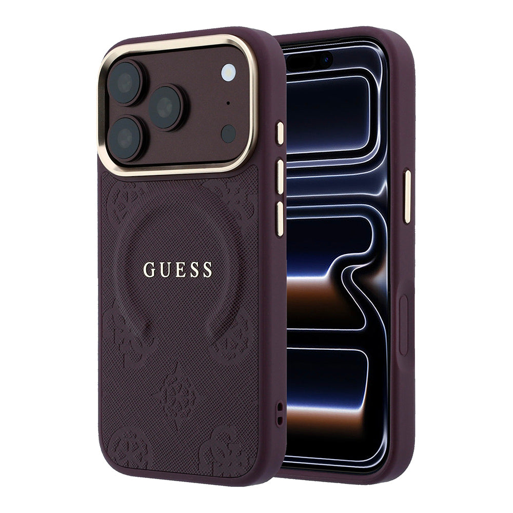 iPhone 18 Pro Max Kılıf Guess Orijinal Lisanslı M-safe Şarj Özellikli Sıcak Baskılı Yazı Logolu C-Magnet PU Deri Peony Kılıf