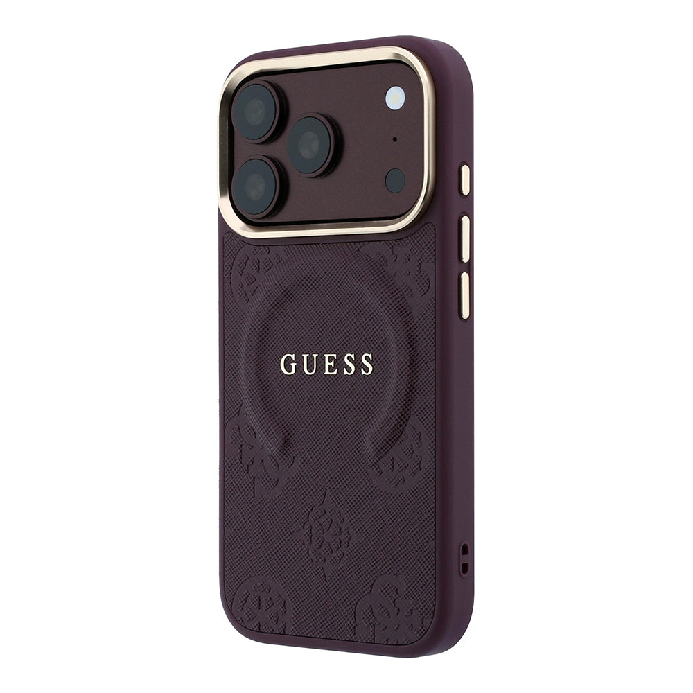 iPhone 18 Pro Max Kılıf Guess Orijinal Lisanslı M-safe Şarj Özellikli Sıcak Baskılı Yazı Logolu C-Magnet PU Deri Peony Kılıf