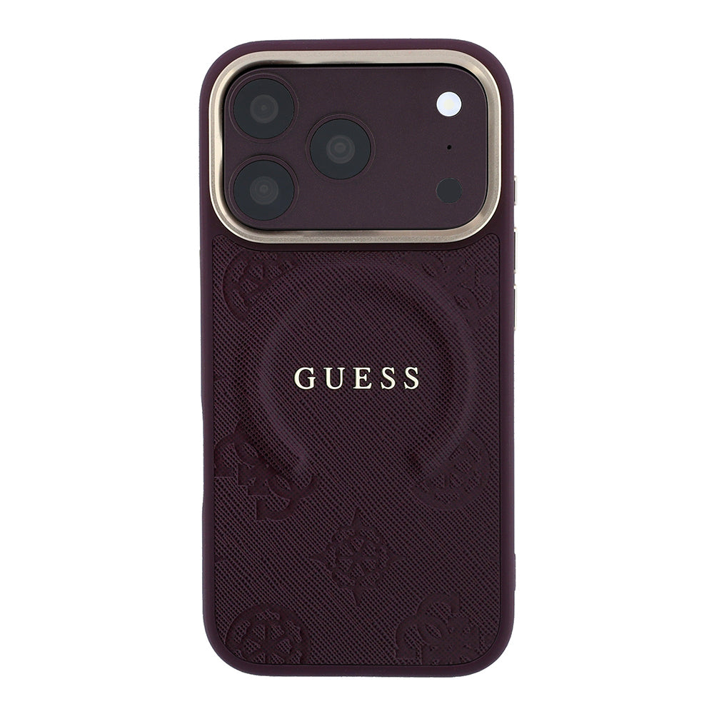 iPhone 18 Pro Max Kılıf Guess Orijinal Lisanslı M-safe Şarj Özellikli Sıcak Baskılı Yazı Logolu C-Magnet PU Deri Peony Kılıf