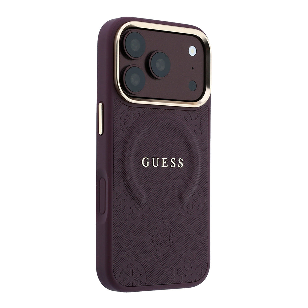 iPhone 18 Pro Max Kılıf Guess Orijinal Lisanslı M-safe Şarj Özellikli Sıcak Baskılı Yazı Logolu C-Magnet PU Deri Peony Kılıf