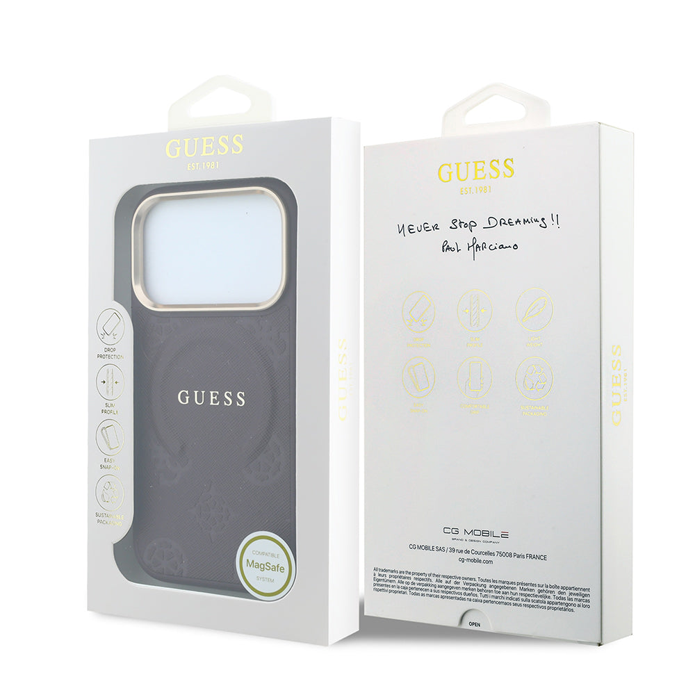 iPhone 18 Pro Max Kılıf Guess Orijinal Lisanslı M-safe Şarj Özellikli Sıcak Baskılı Yazı Logolu C-Magnet PU Deri Peony Kılıf