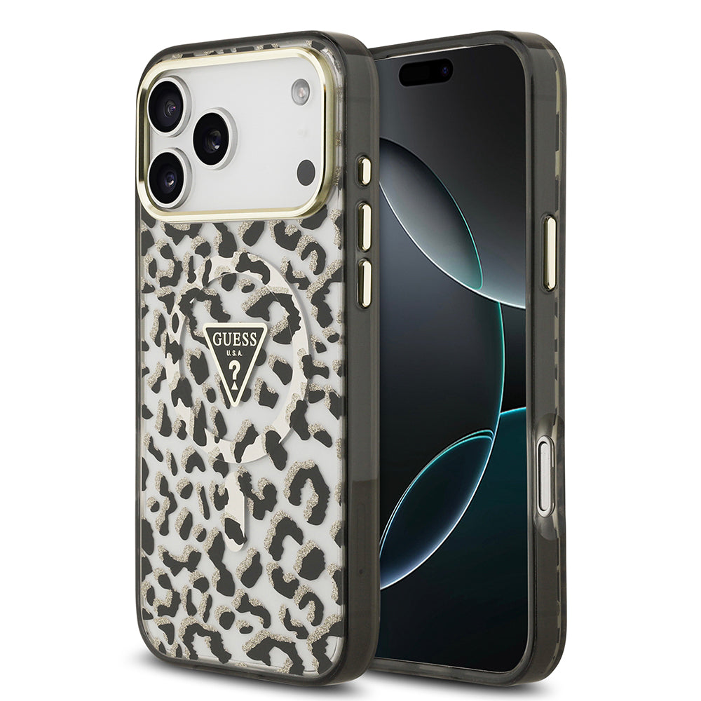 iPhone 18 Pro Max Kılıf Guess Orijinal Lisanslı M-safe Şarj Özellikli Üçgen Logolu Simli Leopar Desenli Kılıf