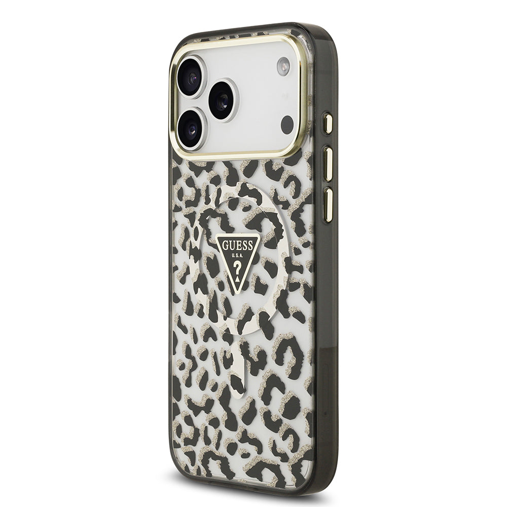 iPhone 18 Pro Max Kılıf Guess Orijinal Lisanslı M-safe Şarj Özellikli Üçgen Logolu Simli Leopar Desenli Kılıf