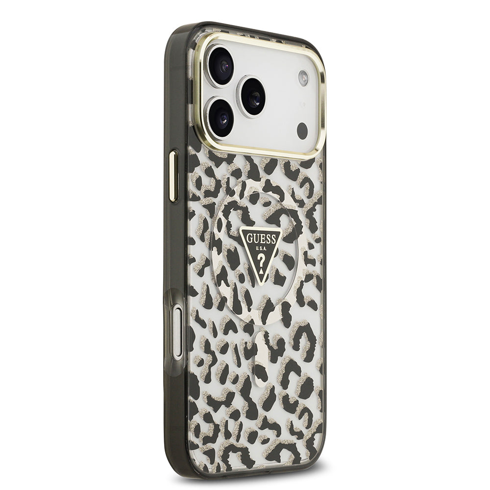 iPhone 18 Pro Max Kılıf Guess Orijinal Lisanslı M-safe Şarj Özellikli Üçgen Logolu Simli Leopar Desenli Kılıf