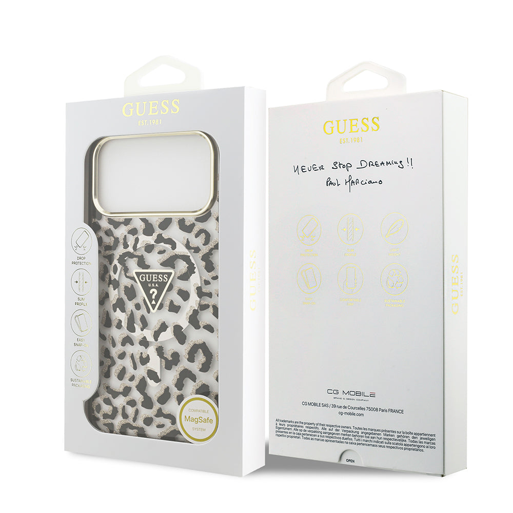 iPhone 18 Pro Max Kılıf Guess Orijinal Lisanslı M-safe Şarj Özellikli Üçgen Logolu Simli Leopar Desenli Kılıf