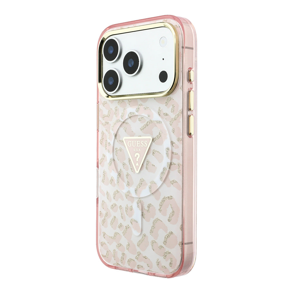 iPhone 18 Pro Max Kılıf Guess Orijinal Lisanslı M-safe Şarj Özellikli Üçgen Logolu Simli Leopar Desenli Kılıf