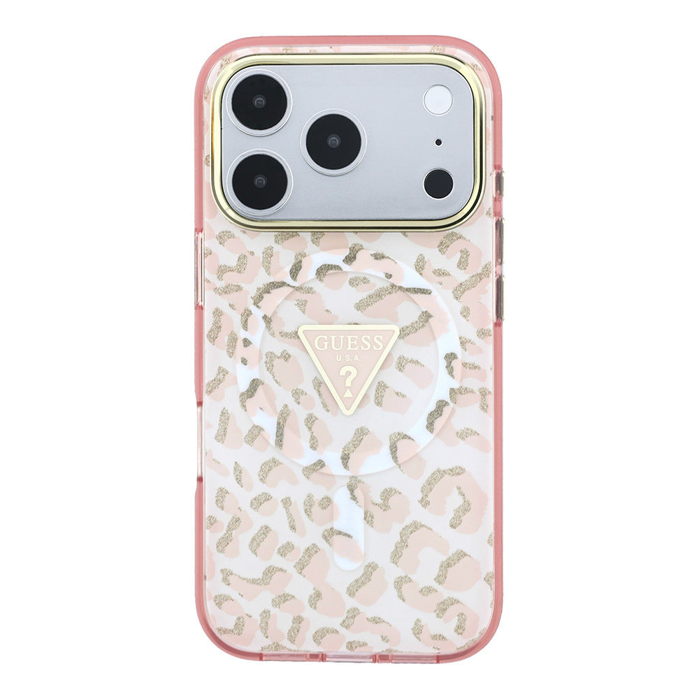 iPhone 18 Pro Max Kılıf Guess Orijinal Lisanslı M-safe Şarj Özellikli Üçgen Logolu Simli Leopar Desenli Kılıf