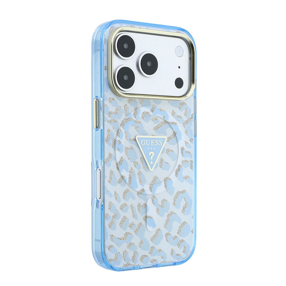 iPhone 18 Pro Max Kılıf Guess Orijinal Lisanslı M-safe Şarj Özellikli Üçgen Logolu Simli Leopar Desenli Kılıf