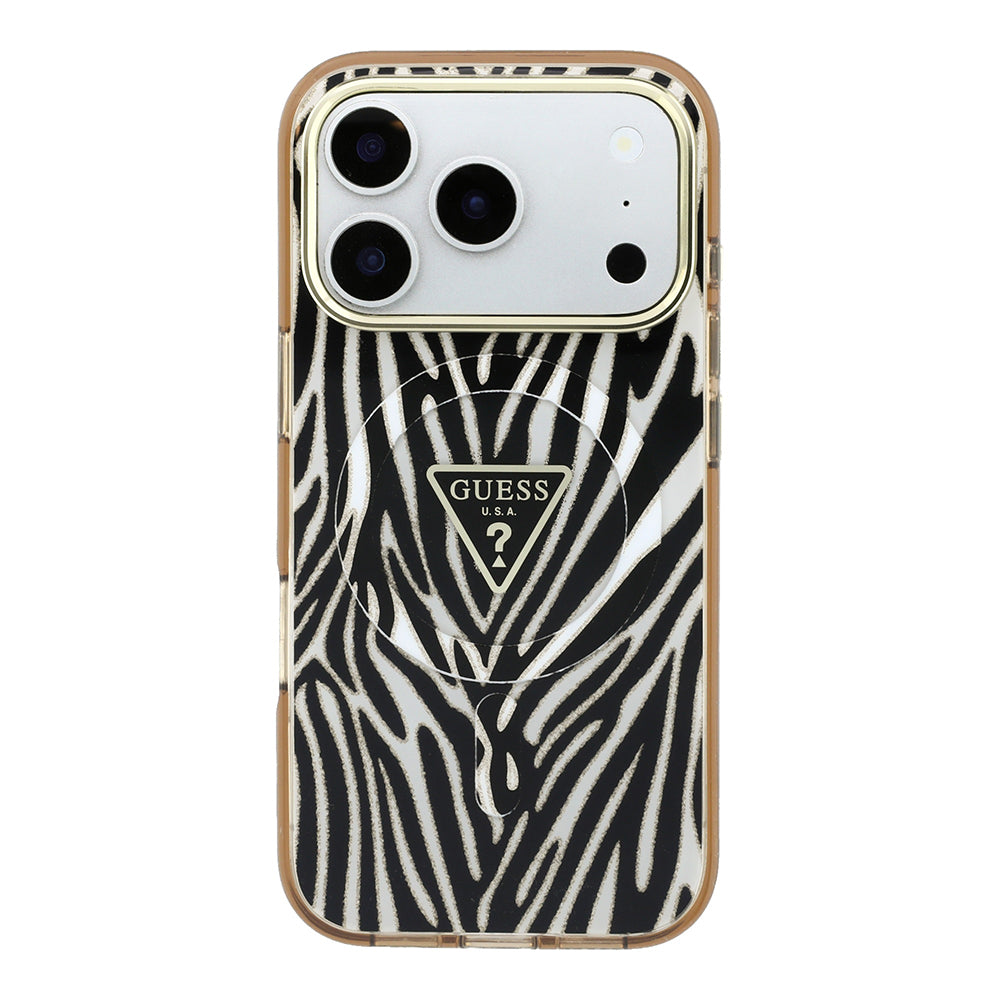 iPhone 18 Pro Max Kılıf Guess Orijinal Lisanslı M-safe Şarj Özellikli Üçgen Logolu Zebra Desenli Silikon Kılıf