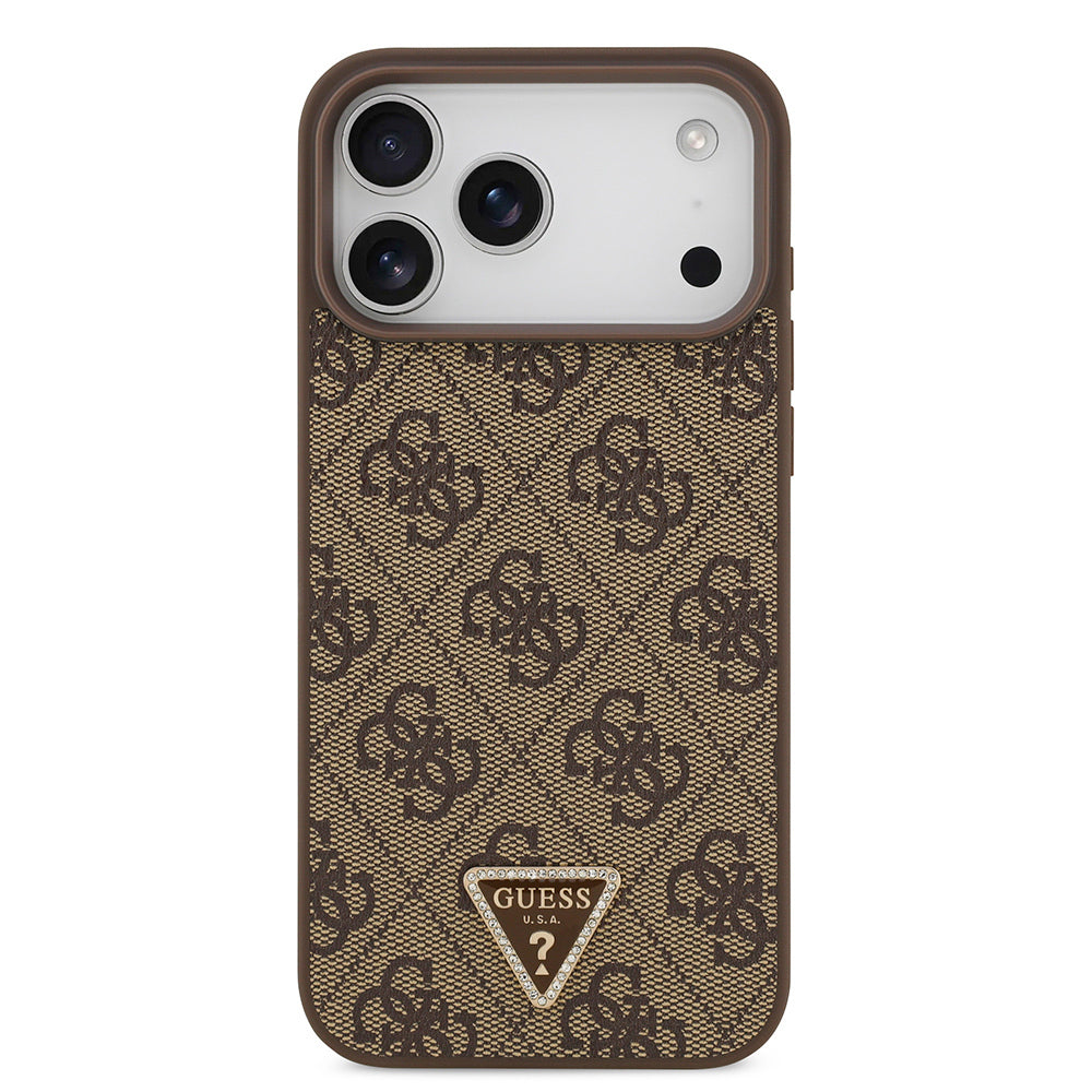 iPhone 18 Pro Max Kılıf Guess Orijinal Lisanslı M-safe Şarj Özllikli PU Deri Taşlı Üçgen Logo 4G Desenli Strass Kılıf