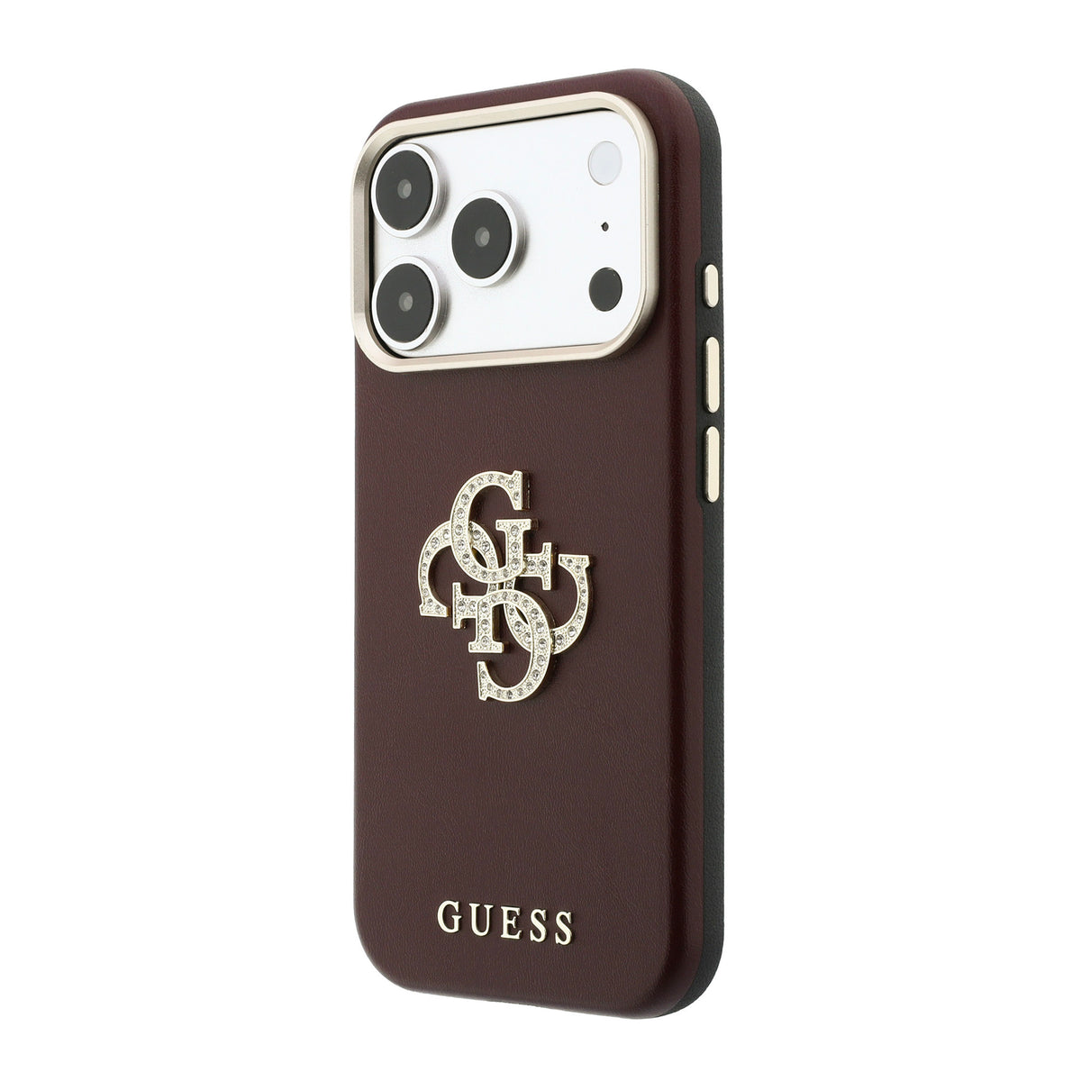 iPhone 18 Pro Max Kılıf Guess Orijinal Lisanslı Metal Kamera Çerçeveli 4G Büyük Taşlı Resin Logolu PU Kılıf