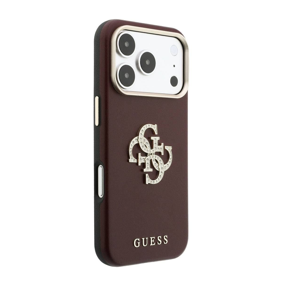 iPhone 18 Pro Max Kılıf Guess Orijinal Lisanslı Metal Kamera Çerçeveli 4G Büyük Taşlı Resin Logolu PU Kılıf