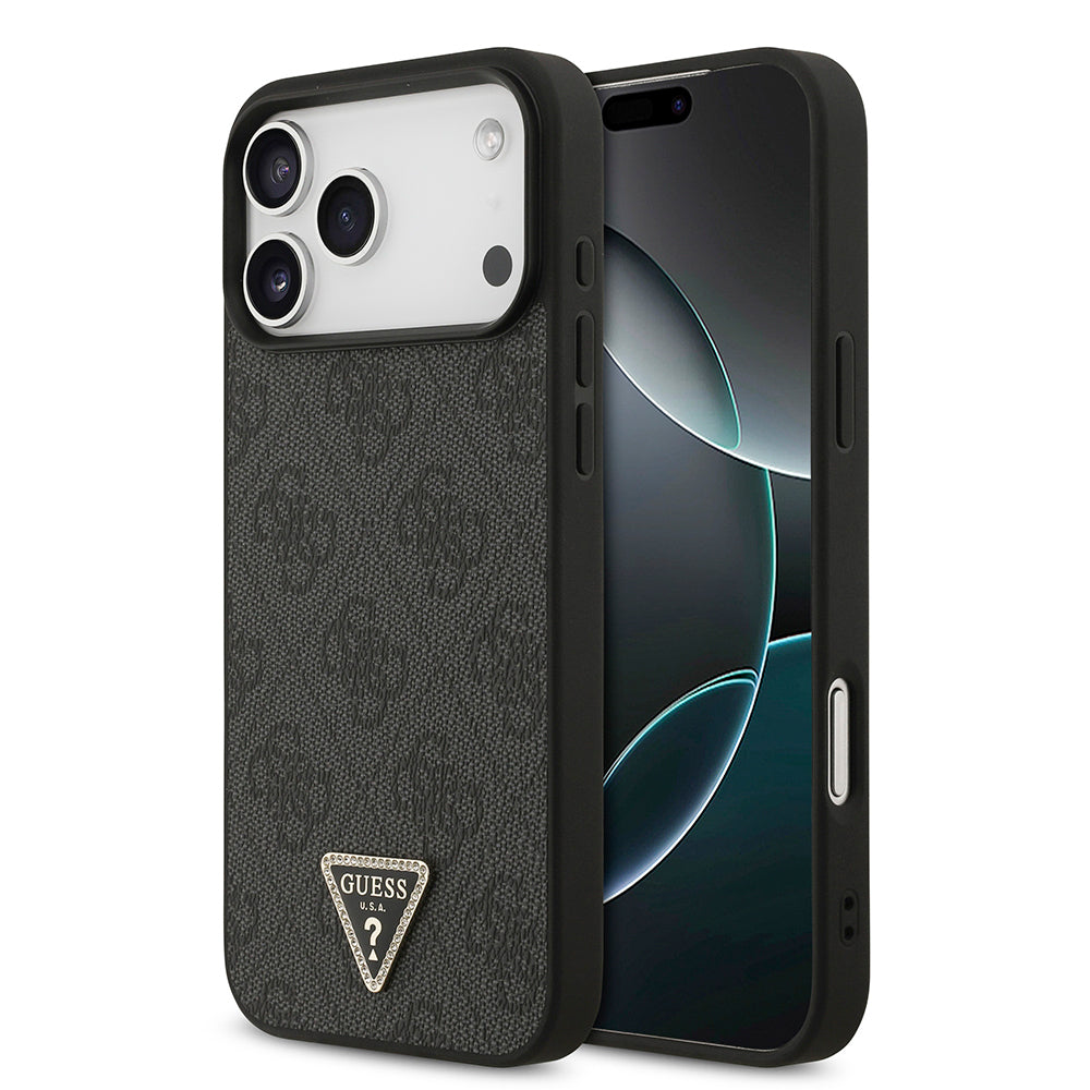 iPhone 18 Pro Max Kılıf Guess Orijinal Lisanslı PU Deri Taşlı Üçgen Logo 4G Desenli Strass Kılıf