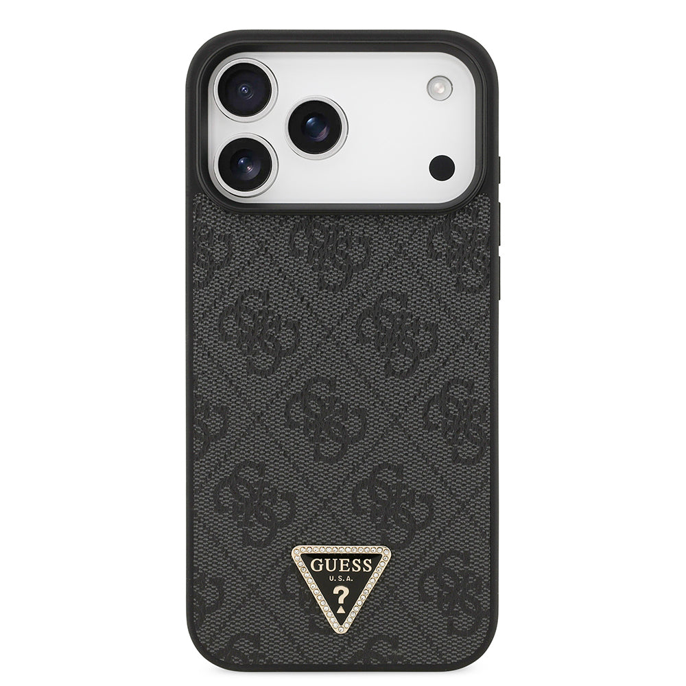 iPhone 18 Pro Max Kılıf Guess Orijinal Lisanslı PU Deri Taşlı Üçgen Logo 4G Desenli Strass Kılıf