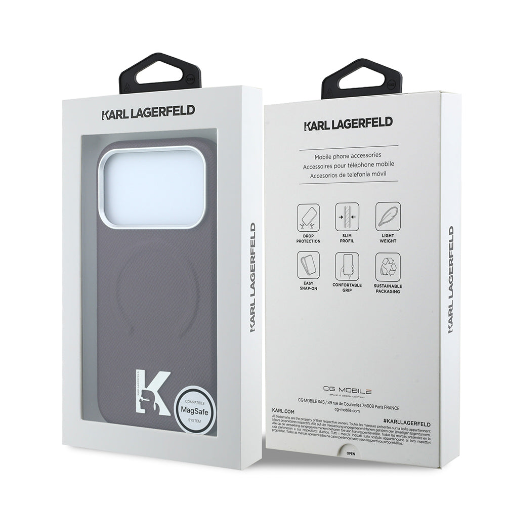 iPhone 18 Pro Max Kılıf Karl Lagerfeld Orijinal Lisanslı M-safe Şarj Özellikli KHEAD Metal Logolu PU Grained Deri Kılıf