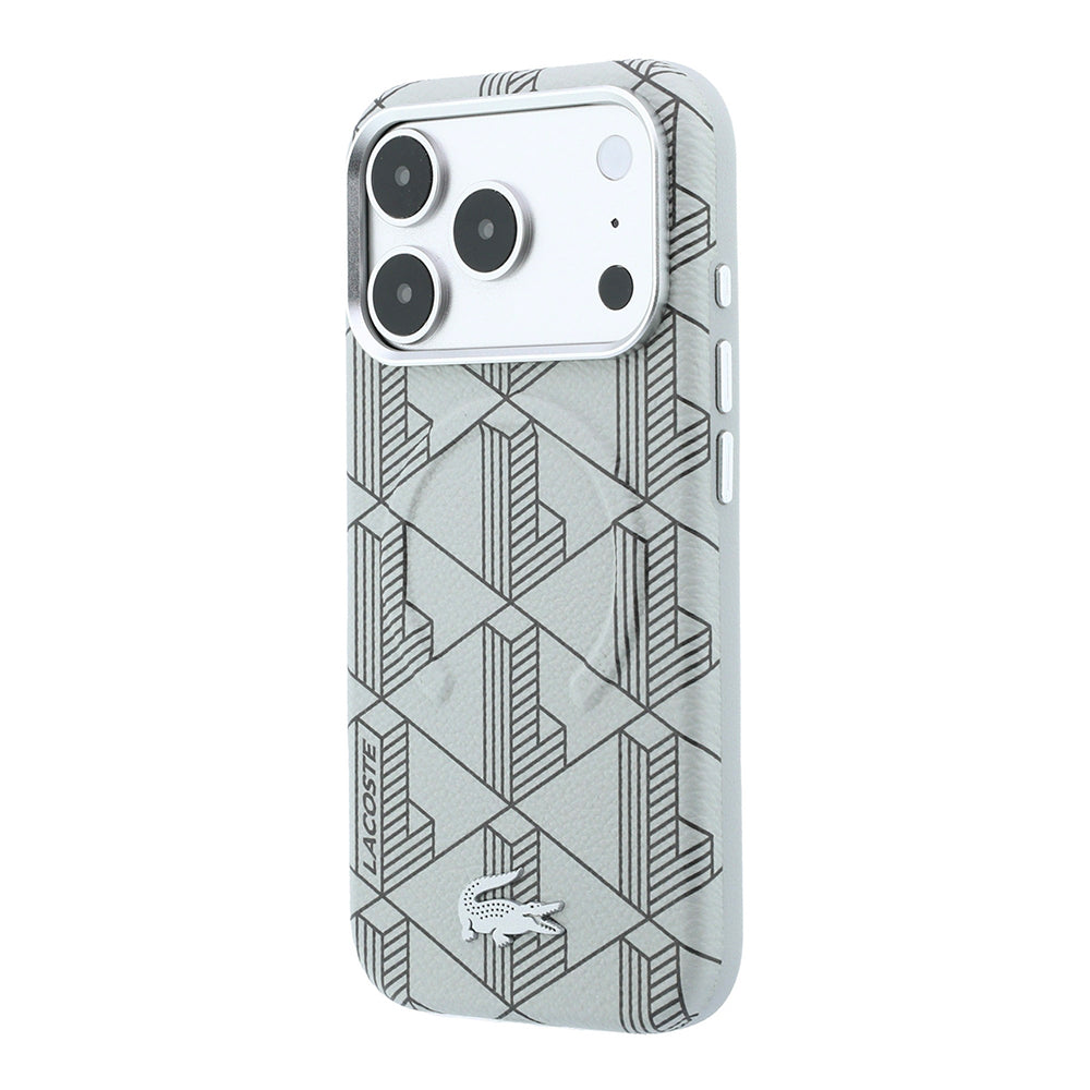 iPhone 18 Pro Max Kılıf Lacoste Orijinal Lisanslı M-safe Şarj Özellikli Metal Logolu Deri Karışık Monogram Desenli Kılıf