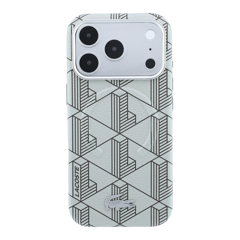 iPhone 18 Pro Max Kılıf Lacoste Orijinal Lisanslı M-safe Şarj Özellikli Metal Logolu Deri Karışık Monogram Desenli Kılıf