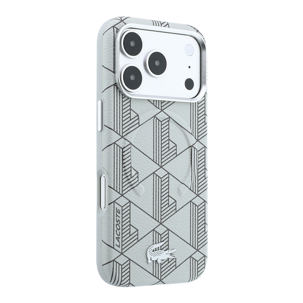 iPhone 18 Pro Max Kılıf Lacoste Orijinal Lisanslı M-safe Şarj Özellikli Metal Logolu Deri Karışık Monogram Desenli Kılıf