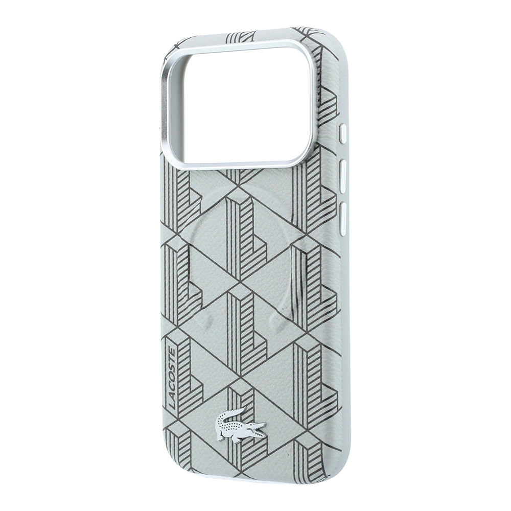 iPhone 18 Pro Max Kılıf Lacoste Orijinal Lisanslı M-safe Şarj Özellikli Metal Logolu Deri Karışık Monogram Desenli Kılıf