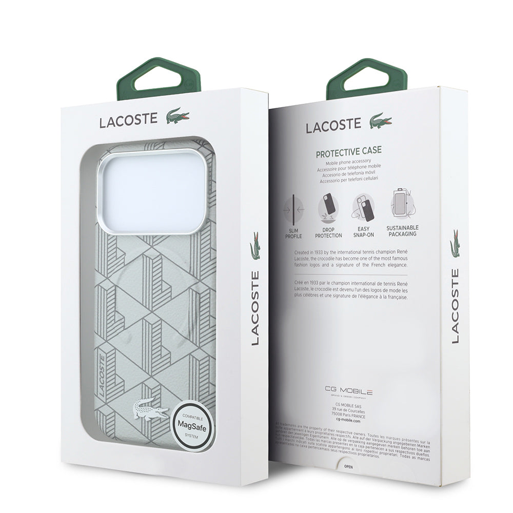 iPhone 18 Pro Max Kılıf Lacoste Orijinal Lisanslı M-safe Şarj Özellikli Metal Logolu Deri Karışık Monogram Desenli Kılıf
