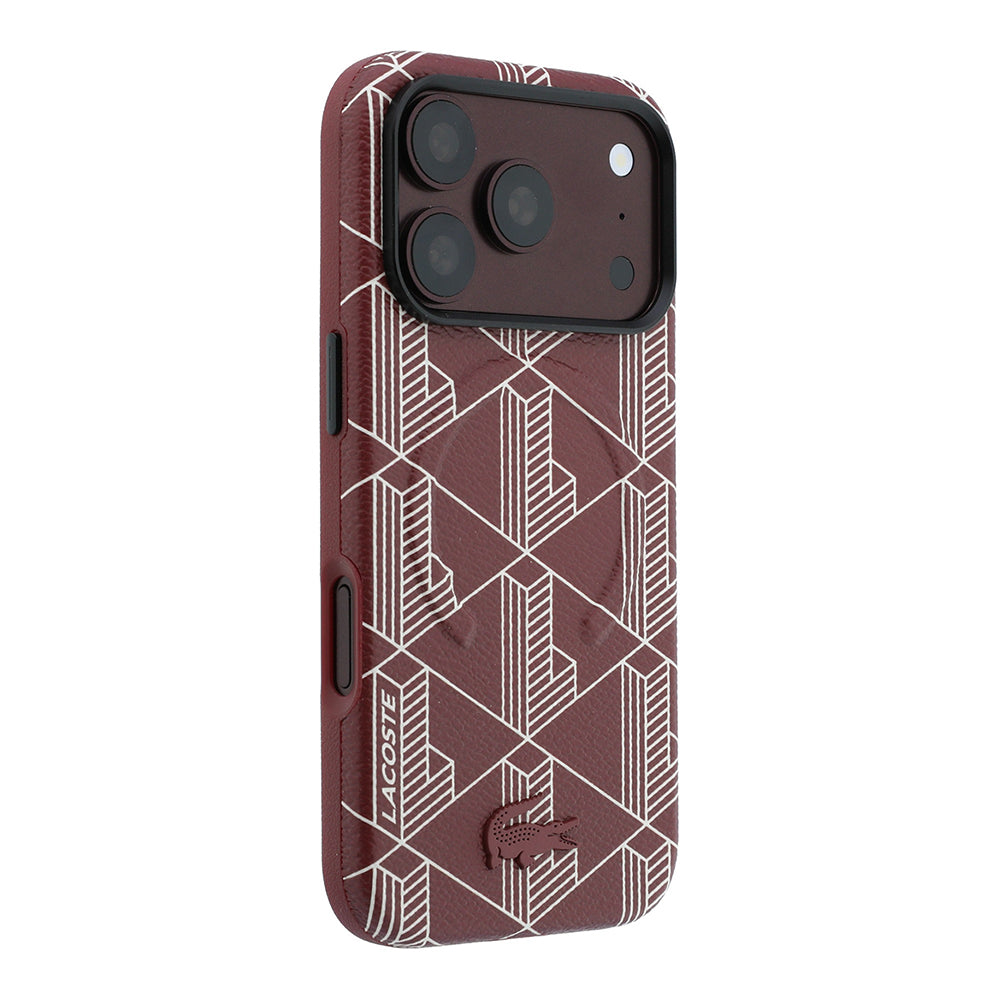 iPhone 18 Pro Max Kılıf Lacoste Orijinal Lisanslı M-safe Şarj Özellikli Metal Logolu Deri Karışık Monogram Desenli Kılıf