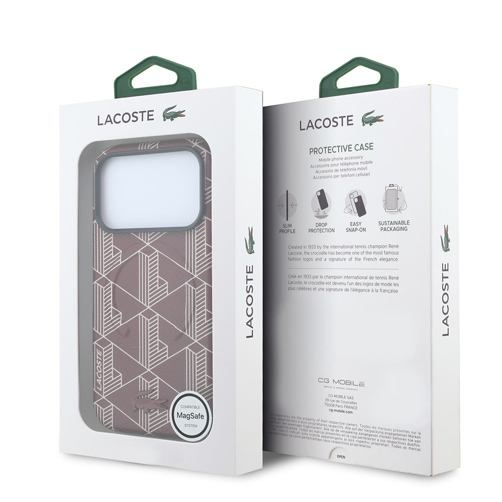iPhone 18 Pro Max Kılıf Lacoste Orijinal Lisanslı M-safe Şarj Özellikli Metal Logolu Deri Karışık Monogram Desenli Kılıf
