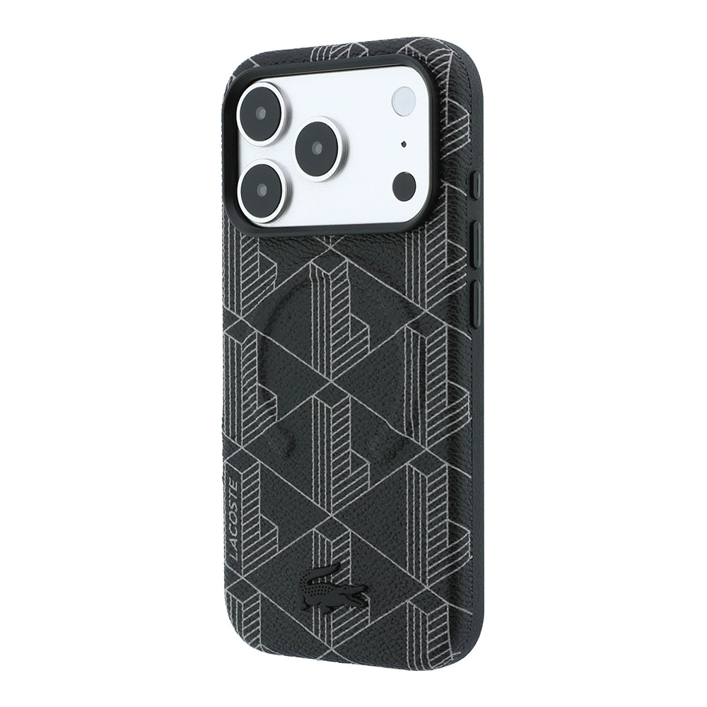 iPhone 18 Pro Max Kılıf Lacoste Orijinal Lisanslı M-safe Şarj Özellikli Metal Logolu Deri Karışık Monogram Desenli Kılıf