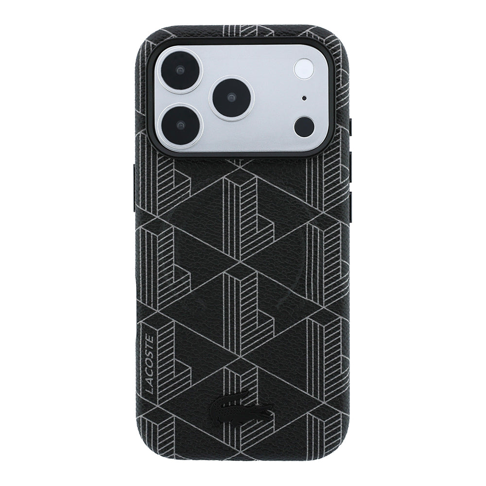 iPhone 18 Pro Max Kılıf Lacoste Orijinal Lisanslı M-safe Şarj Özellikli Metal Logolu Deri Karışık Monogram Desenli Kılıf