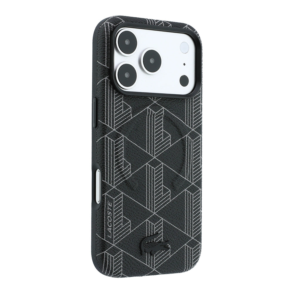 iPhone 18 Pro Max Kılıf Lacoste Orijinal Lisanslı M-safe Şarj Özellikli Metal Logolu Deri Karışık Monogram Desenli Kılıf