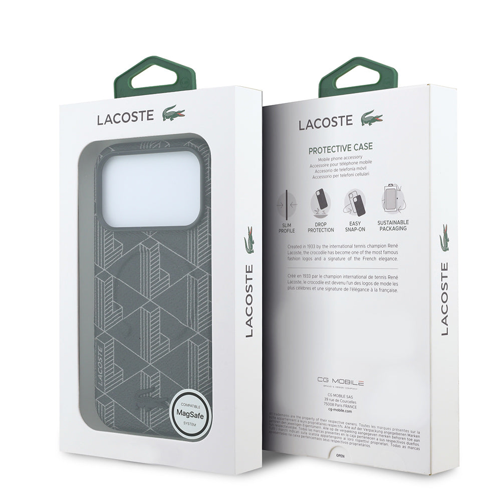 iPhone 18 Pro Max Kılıf Lacoste Orijinal Lisanslı M-safe Şarj Özellikli Metal Logolu Deri Karışık Monogram Desenli Kılıf