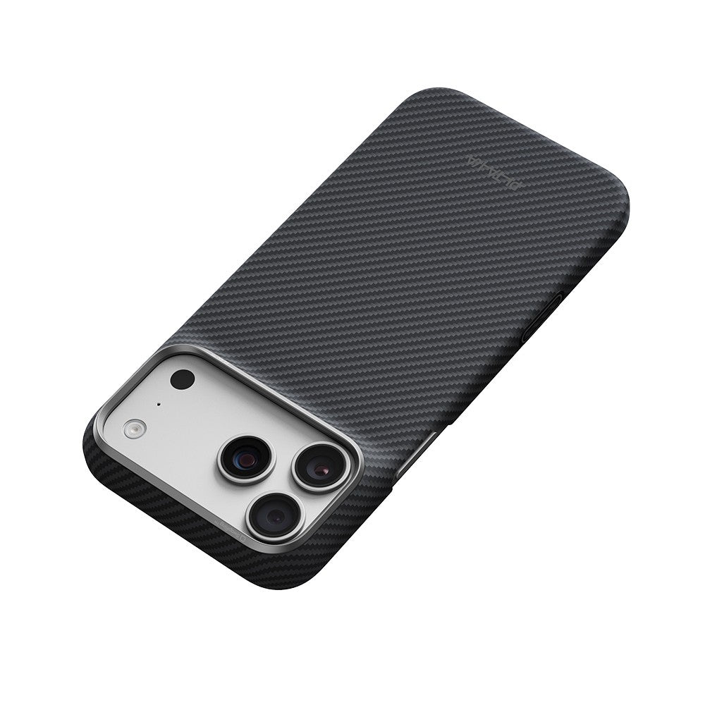 iPhone 18 Pro Max Kılıf M-safe Şarj Özellikli 1500D Aramid Karbon Fiber Pitaka Ultra-Slim Classic Serisi Black-Grey Twill Kılıf