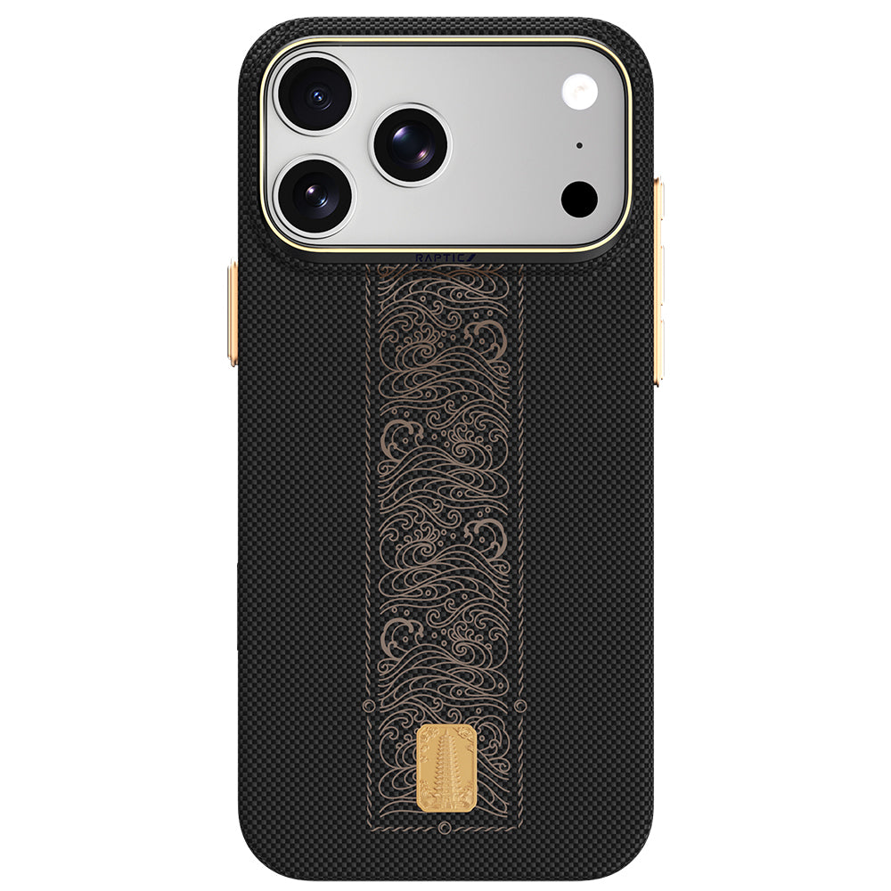 iPhone 18 Pro Max Kılıf M-safe Şarj Özellikli Raptic Aramid Skin Rise Serisi 24 Ayar Altın Kaplamalı Karbon Kılıf