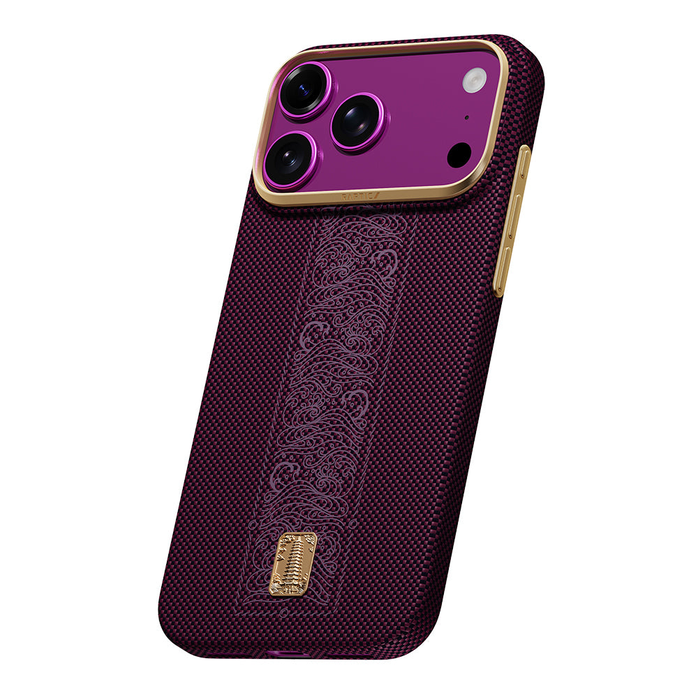 iPhone 18 Pro Max Kılıf M-safe Şarj Özellikli Raptic Aramid Skin Rise Serisi 24 Ayar Altın Kaplamalı Karbon Kılıf