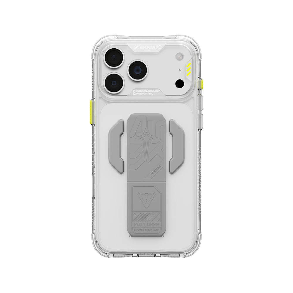 iPhone 18 Pro Max Kılıf M-safe Şarj Özellikli Teknoloji Desenli Skinarma Helio CE Mag Charge Standlı Kılıf