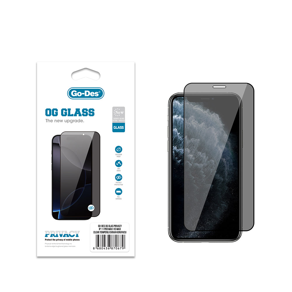 iPhone XS Max 6.5 Go Des OG Glass Privacy Antistatik Temperli Cam Ekran Koruyucu