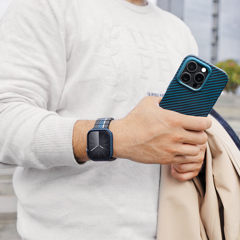 Watch 7 45mm 600D Aramid Fiber Classic Serisi Black-Blue Twill Kasa Koruyucu Pitaka Air Case