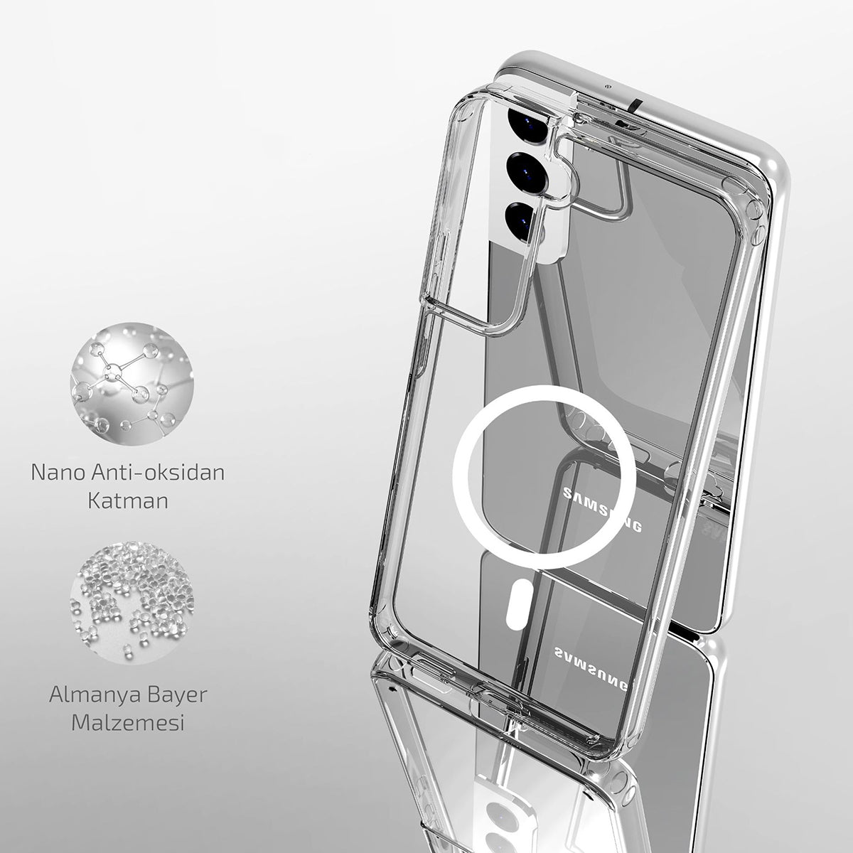 Galaxy S22 Kılıf M-safe Şarj Özellikli Şeffaf Sert PC Zore Embos Kılıf