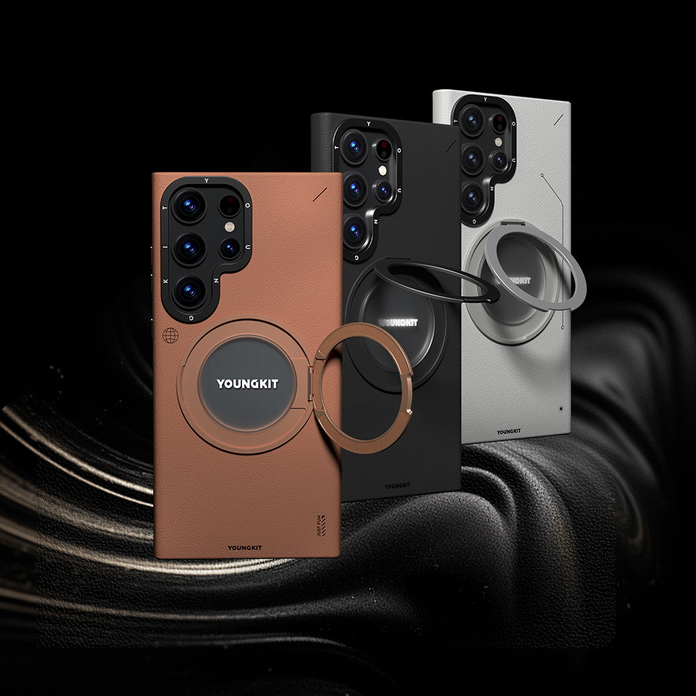 Galaxy S23 Ultra Kılıf M-safe Şarj Özellikli 360° Standlı Basit Mat Deri Desenli Youngkit Tech Leather Serisi Kılıf