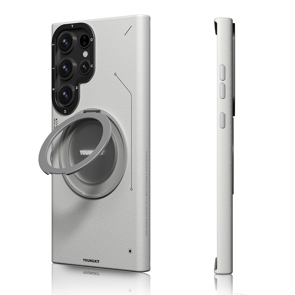 Galaxy S23 Ultra Kılıf M-safe Şarj Özellikli 360° Standlı Basit Mat Deri Desenli Youngkit Tech Leather Serisi Kılıf