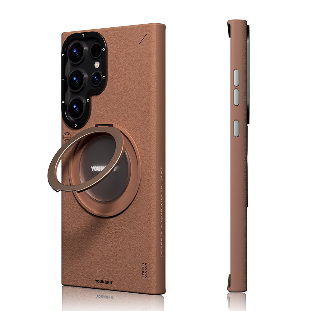 Galaxy S23 Ultra Kılıf M-safe Şarj Özellikli 360° Standlı Basit Mat Deri Desenli Youngkit Tech Leather Serisi Kılıf