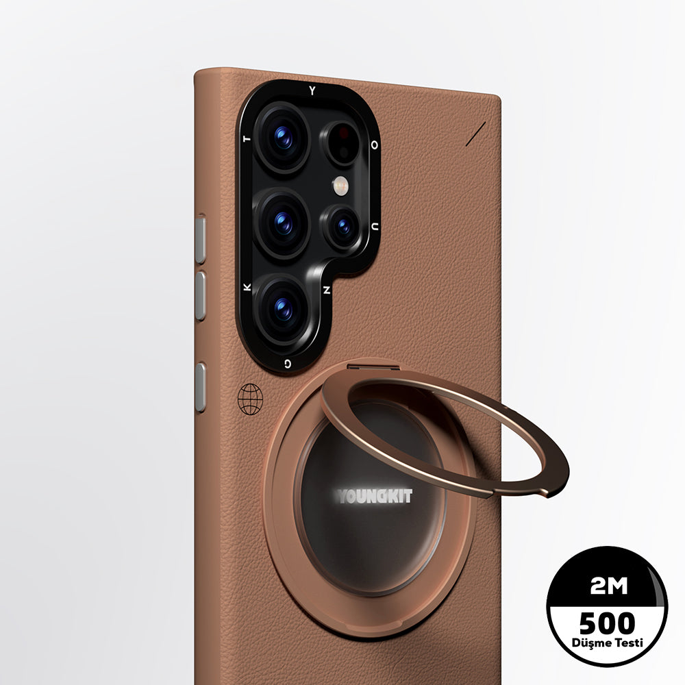 Galaxy S23 Ultra Kılıf M-safe Şarj Özellikli 360° Standlı Basit Mat Deri Desenli Youngkit Tech Leather Serisi Kılıf
