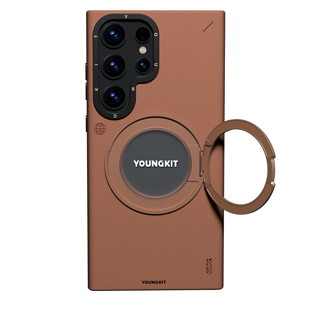 Galaxy S23 Ultra Kılıf M-safe Şarj Özellikli 360° Standlı Basit Mat Deri Desenli Youngkit Tech Leather Serisi Kılıf