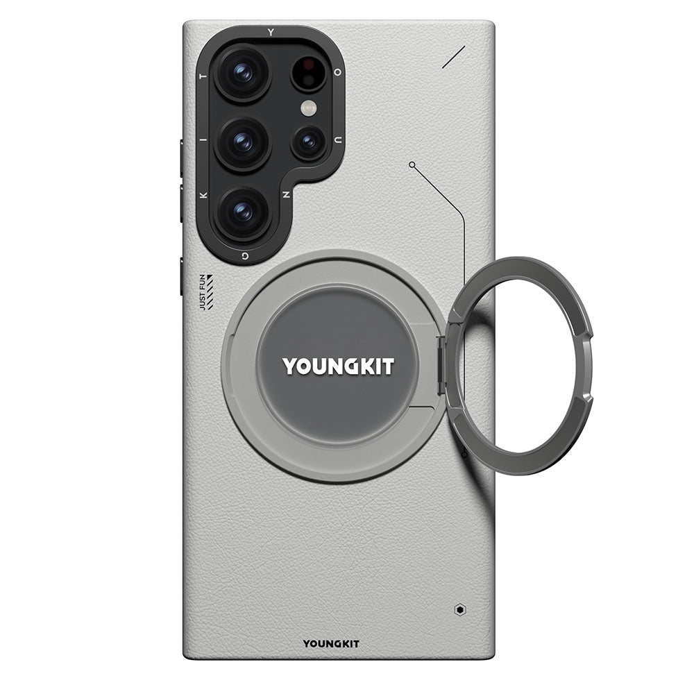 Galaxy S23 Ultra Kılıf M-safe Şarj Özellikli 360° Standlı Basit Mat Deri Desenli Youngkit Tech Leather Serisi Kılıf